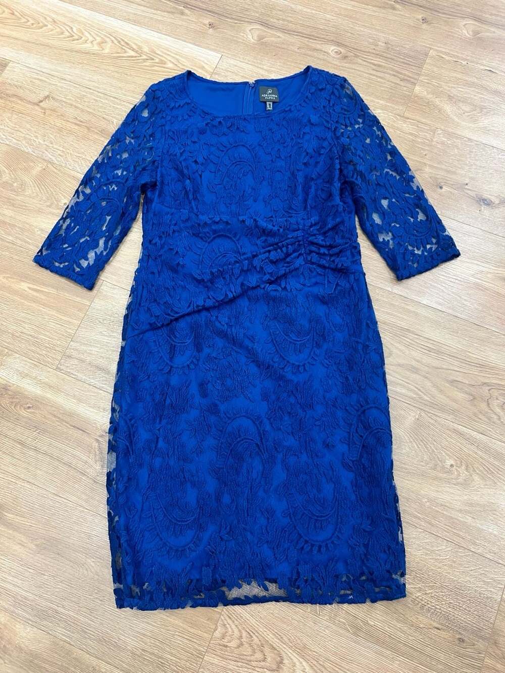 Adrianna Papell Cobalt Blue Lace Asymmetrical Sheath Cocktail Dress Size 16